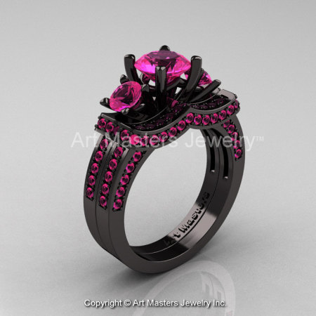 French 14K Black Gold Three Stone Pink Sapphire Engagement Ring Wedding Band Set R182S-14KBGPSS-1