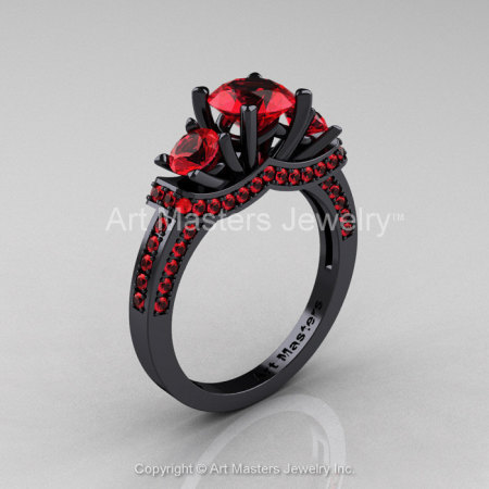 French 14K Black Gold Three Stone Rubies Wedding Ring Engagement Ring R182-14KBGR-1
