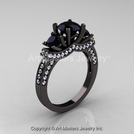 French 14K Black Gold Three Stone Black Moissanite Diamond Wedding Ring Engagement Ring R182-14KBGDBM-1