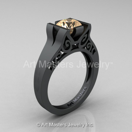 Modern 14K Matte Black Gold 1.0 CT Champagne Diamond Engagement Ring Wedding Ring R36N-14KMBGCHD-1