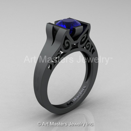 Modern Classic 14K Matte Black Gold 1.0 CT Blue Sapphire Engagement Ring Wedding Ring R36N-14KMBGBS-1