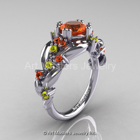 Nature Classic 14K White Gold 1.0 Ct Orange and Yellow Sapphire Leaf and Vine Engagement Ring R340-14KWGYOS-1