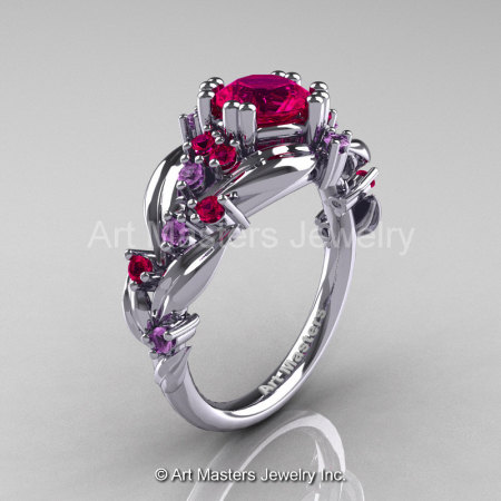 Nature Classic 14K White Gold 1.0 Ct Rose Ruby Lilac Amethyst Leaf and Vine Engagement Ring R340-14KWGLAMRR-1