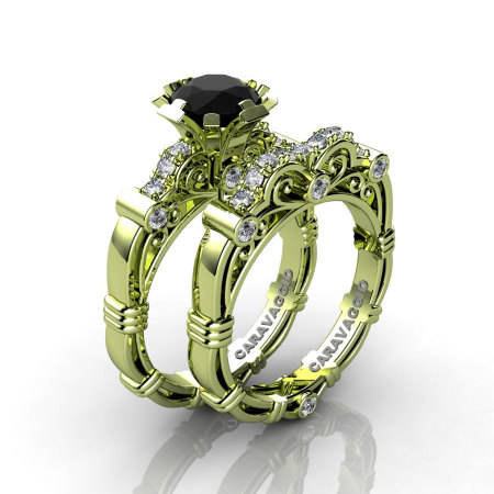Art Masters Caravaggio 18K Green Gold 1.0 Ct Black and White Diamond Engagement Ring Wedding Band Set R623S-18KGGDBD-1