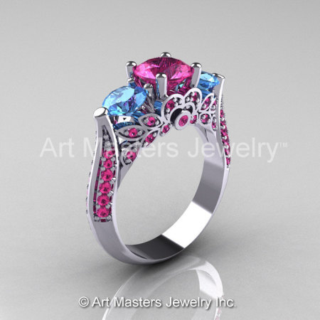 Classic 10K White Gold Three Stone Blue Topaz Pink Sapphire Solitaire Ring R200-10KWGBTPS-1
