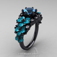 Nature Classic 14K Black Gold 1.0 Ct Blue Topaz Diamond Turquoise Orchid Engagement Ring R604-14KBGDTBT-1