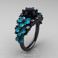 Nature Classic 14K Black Gold 1.0 Ct Black and White Diamond Turquoise Orchid Engagement Ring R604-14KBGDTBD-1