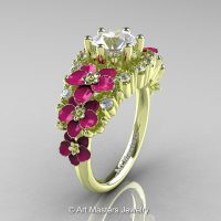 Nature Classic 18K Green Gold 1.0 Ct White Sapphire Diamond Pink Orchid Engagement Ring R604-18KGGDPWS-1