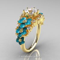 Nature Classic 18K Yellow Gold 1.0 Ct White Sapphire Diamond Turquoise Orchid Engagement Ring R604-18KYGDTWS-1