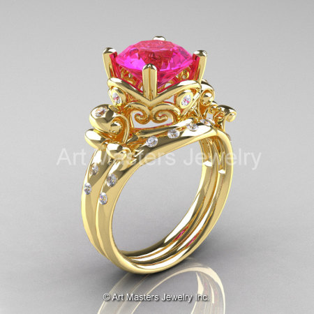 Art Masters Vintage 14K Yellow Gold 3.0 Ct Pink Sapphire Diamond Wedding Ring Set R167S-14KYGDPS-1