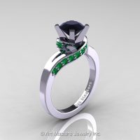 Classic 14K White Gold 1.0 Ct Black Diamond Emerald Designer Solitaire Ring R259-14KWGEMBD-1