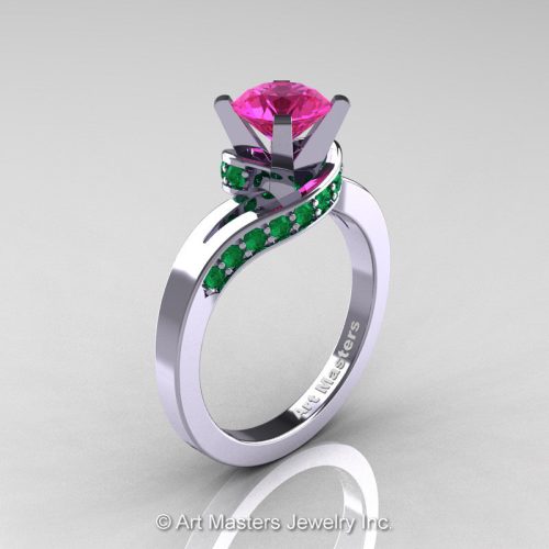 Classic 14K White Gold 1.0 Ct Pink Sapphire Emerald Designer Solitaire Ring R259-14KWGEMPS-1
