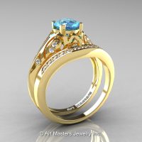 Classic Armenian 18K Yellow Gold 1.0 Ct Swiss Blue Topaz Diamond Engagement Ring Wedding Band Set R477S-18KYGDSBT-1