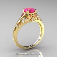 Classic Armenian 18K Yellow Gold 1.0 Ct Pink Sapphire Diamond Engagement Ring R477-18KYGDPS-1