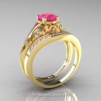 Classic Armenian 18K Yellow Gold 1.0 Ct Pink Sapphire Diamond Engagement Ring Wedding Band Set R477S-18KYGDPS-1