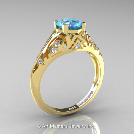 Classic Armenian 18K Yellow Gold 1.0 Ct Swiss Blue Topaz Diamond Engagement Ring R477-18KYGDSBT-1