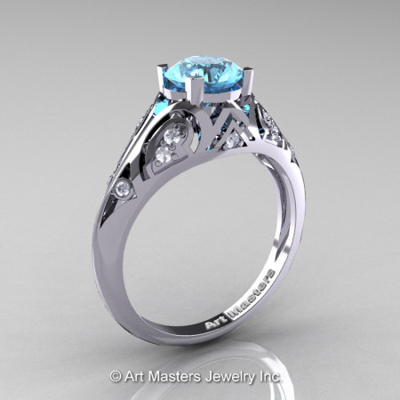 Classic Armenian 14K White Gold 1.0 Ct Swiss Blue Topaz Diamond Engagement Ring R477-14KWGDSBT-1