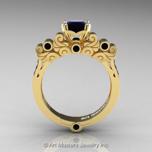 Classic Armenian 18K Yellow Gold 1.0 Ct Princess Black Diamond Solitaire Wedding Ring R608-18KYGSBD-1