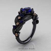 Nature Classic 14K Black Gold 1.0 Ct Blue Sapphire Champagne Diamond Leaf and Vine Engagement Ring R340S-14KBGCHDBS Perspective