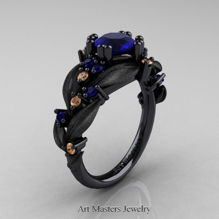 Nature-Classic-14K-Black-Gold-1-0-Ct-Blue-Sapphire-Champagne-Diamond-Leaf-and-Vine-Engagement-Ring-R340S-14KBGCHDBS-P
