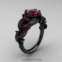 Nature Classic 14K Black Gold 1.0 Ct Ruby Black Diamond Leaf and Vine Engagement Ring R340S-14KBGBDR Perspective