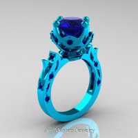 Modern Antique 14K Turquoise Gold 3.0 Carat Blue Sapphire Solitaire Wedding Ring R214-14KTGBS - Perspective