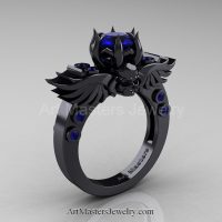 Art Masters Classic Winged Skull 14K Black Gold 1.0 Ct Blue Sapphire Solitaire Engagement Ring R613-14KBGBS