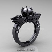 Art Masters Classic Winged Skull 14K Black Gold 1.0 Ct White Sapphire Diamond Solitaire Engagement Ring R613-14KBGDWS