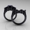 Designer Classic 14K Black Gold Three Stone Princess Black Diamond Engagement Ring Wedding Band Set R500S-14KBGBD - Front