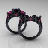 Designer Classic 14K Black Gold Three Stone Princess Black Diamond Pink Sapphire Engagement Ring Wedding Band Set R500S-14KBGPSBD - Front