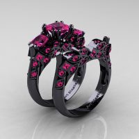 Designer Classic 14K Black Gold Three Stone Princess Pink Sapphire Engagement Ring Wedding Band Set R500S-14KBGPS - Perspective