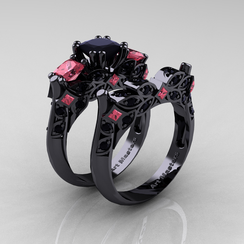 Engagement/Wedding Ring Set/Black Stone/18KGP Black Gold/R098 
