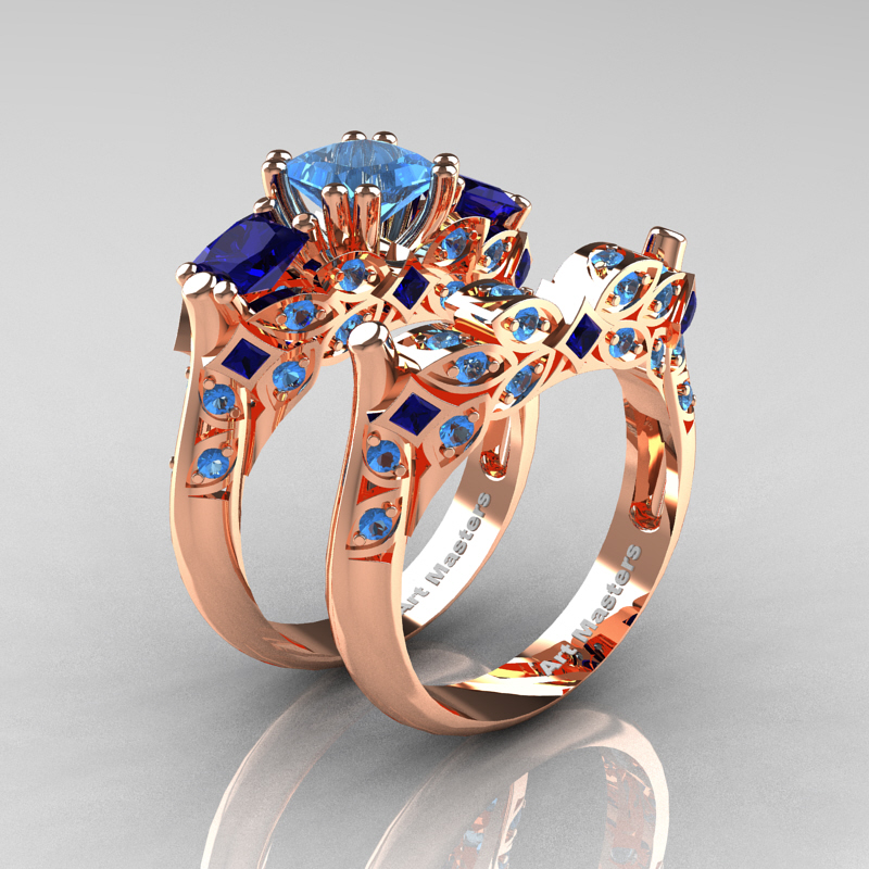 Classic 14K Rose Gold Three Stone Princess Blue Topaz Blue Sapphire  Solitaire Ring Wedding Band Set R500S-14KRGBSBT