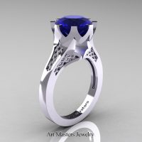 Modern 14K White Gold 3.0 Carat Blue Sapphire Crown Solitaire Wedding Ring R580-14KWGBS