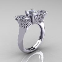 Nature Inspired 14K White Gold 1.0 Ct Oval White Sapphire Diamond Bee Wedding Ring R531-14KWGDWS Perspective