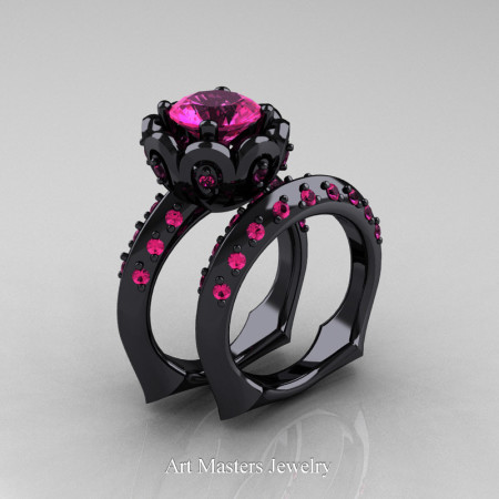 Galatea Classic 14K Black Gold 3.0 Ct Pink Sapphire Wedding Ring Wedding Band Bridal Set AR114S-14KBGPS