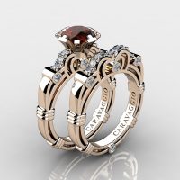 Art Masters Caravaggio 14K Rose Gold 1.0 Ct Brown and White Diamond Engagement Ring Wedding Band Set R623S-14KRGDBRD