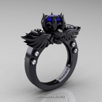 Art Masters Classic Winged Skull 14K Black Gold 1.0 Ct Blue Sapphire Diamond Solitaire Engagement Ring R613-14KBGDBS