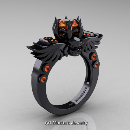 Art Masters Classic Winged Skull 14K Black Gold 1.0 Ct Orange Sapphire Solitaire Engagement Ring R613-14KBGOS