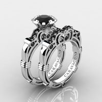 Art Masters Caravaggio 14K White Gold 1.0 Ct Black Diamond Engagement Ring Wedding Band Set R623S-14KWGBD