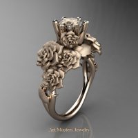 Nature Inspired 14K Rose Gold 1.0 Ct Champagne Diamond Rose Bouquet Leaf and Vine Engagement Ring R427-14KRGSCHD