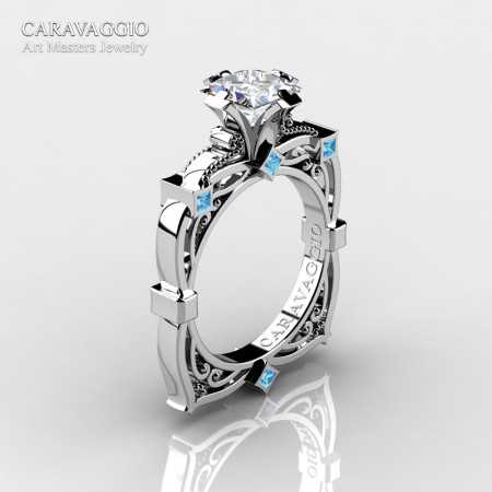Art Masters Caravaggio 14K White Gold 1.5 Ct Princess White Sapphire Blue Topaz Engagement Ring R630-14KWGBTWS