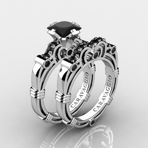 Art Masters Caravaggio 14K White Gold 1.25 Ct Princess Black Diamond Engagement Ring Wedding Band Set R623PS-14KWGBD
