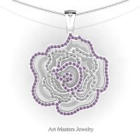 Classic 14K White Gold Lilac Amethyst Diamond Rose Promise Pendant and Necklace Chain P101M-14KWGDLAM