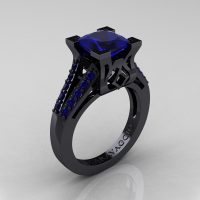 Caravaggio Classic 14K Black Gold 2.0 Ct Princess Blue Sapphire Cathedral Engagement Ring R488-14KBGBS