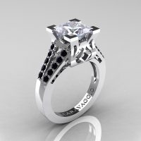 Caravaggio Classic 14K White Gold 2.0 Ct Princess White Sapphire Black Diamond Cathedral Engagement Ring R488-14KWGBDWS