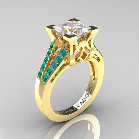 Caravaggio Classic 14K Yellow Gold 2.0 Ct Princess White Sapphire Blue Zircon Cathedral Engagement Ring R488-14KYGBZWS