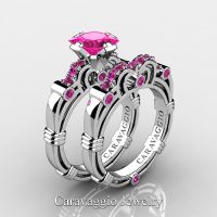 Art Masters Caravaggio 14K White Gold 1.25 Ct Princess Pink Sapphire Engagement Ring Wedding Band Set R623PS-14KWGPS