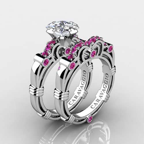 Art Masters Caravaggio 14K White Gold 1.25 Ct Princess White and Pink Sapphire Engagement Ring Wedding Band Set R623PS-14KWGPSWS