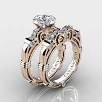 Art Masters Caravaggio 14K Rose Gold 1.25 Ct Princess White Sapphire Diamond Engagement Ring Wedding Band Set R623PS-14KRGDWS